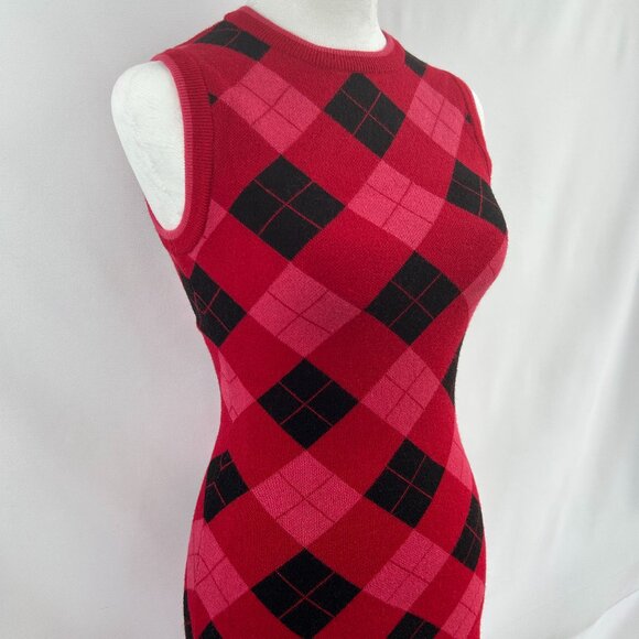 ZARA Girly Red Pink Black Argyle Diamond Stretchy Knit Dress – Preppy Y2K Small - Picture 1 of 12